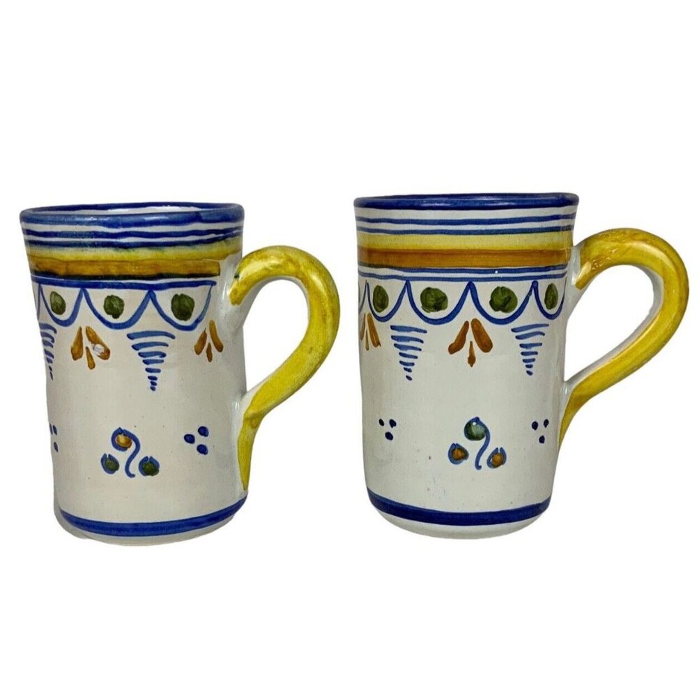 Talavera Handpainted Mexican Ceramic Coffee Mugs Set Of 2 Yellow Blue White